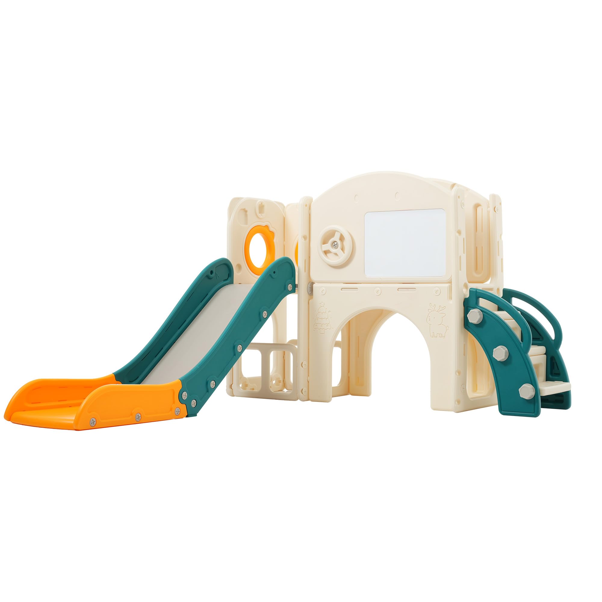 

OSJ Slide and Drawing Board for Ages 1 to 5, Easy Assembly, Wall-Mounted Storage, Large Indoor Use, Basketball Hoop, Yellow and Green