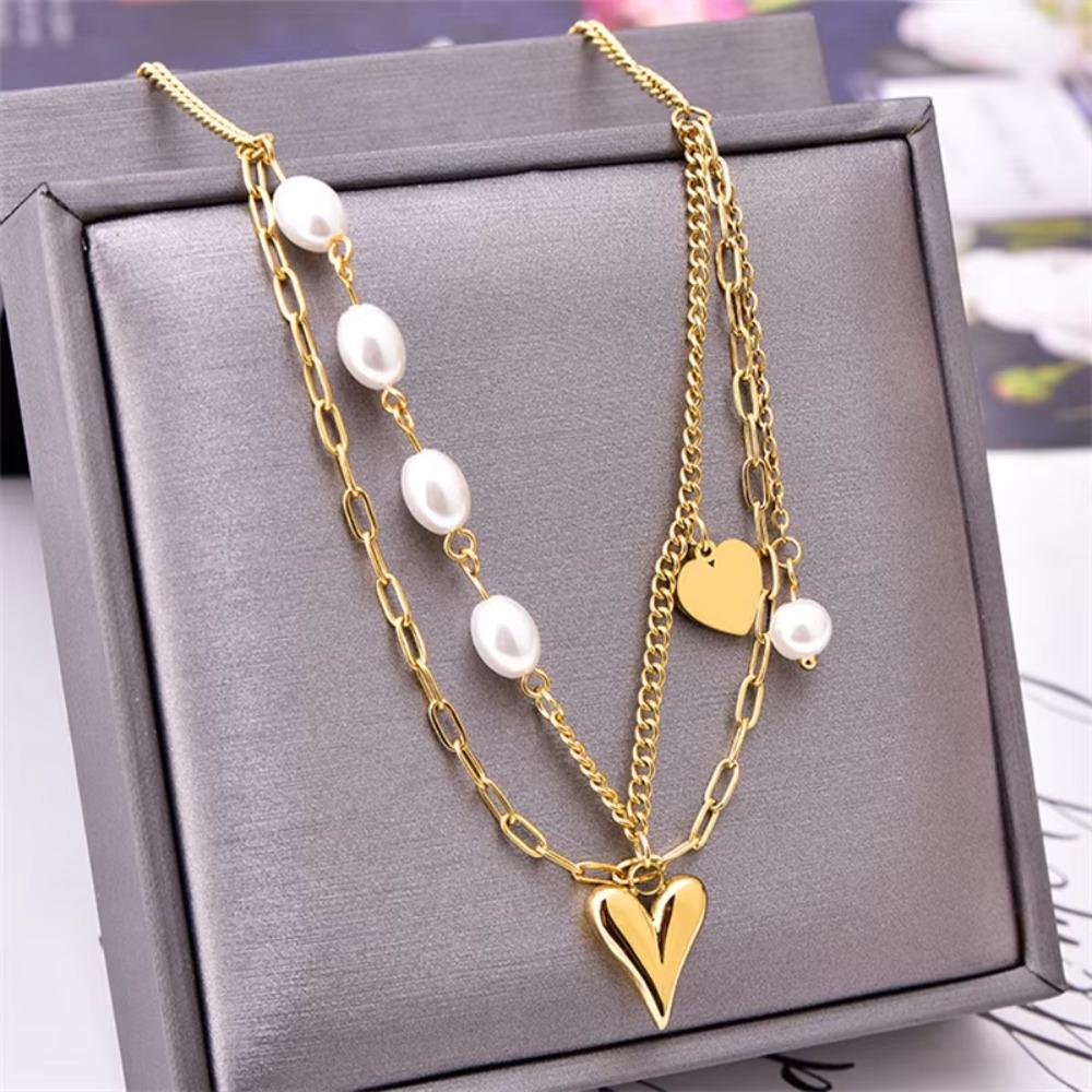 Titanium Steel Women Choker Multi-layered Punk Neck Chain Fashion Pearl Heart Necklace  Summer