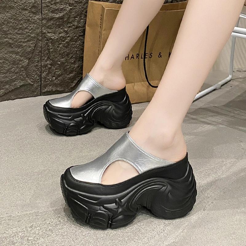 Fashion 10CM High Heels Slippers Round Toe Platform Flats Fabric Women Wedge Sandals Platform Wedge Flats Shoes Slip on Summer Sneakers