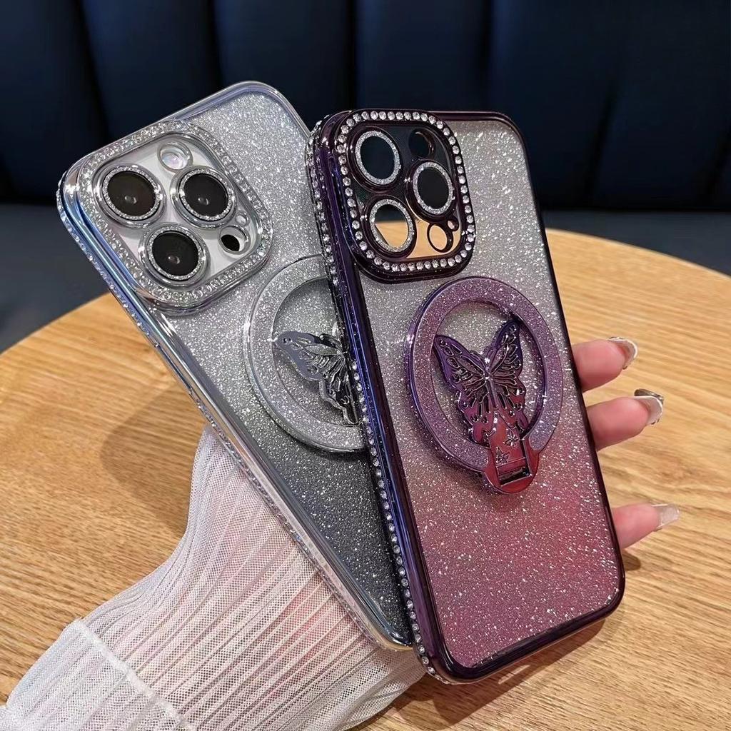 Suitable for IPhone17 Water Diamond Glitter Butterfly Stand Phone Case Magnetic Anti Drop Protective Case for IPhone 16pro I15
