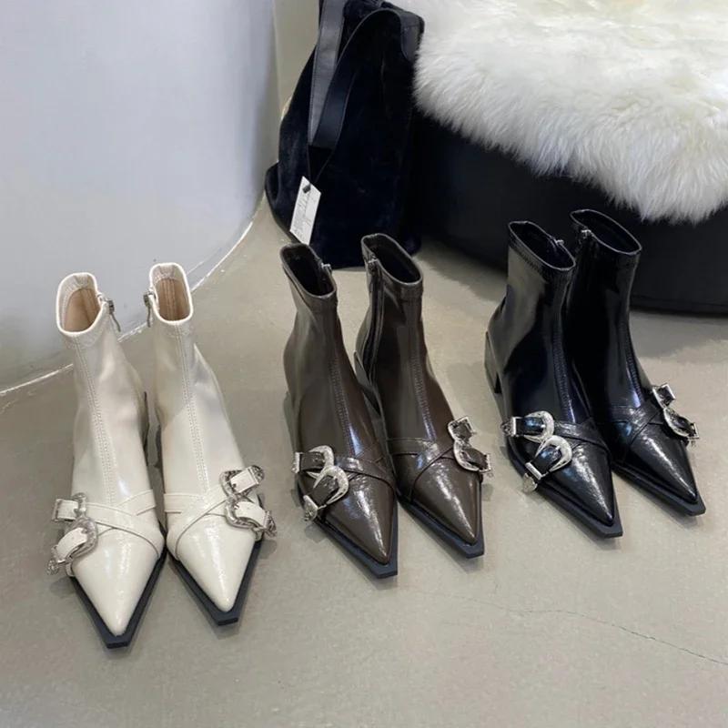 Fashion Designer Pointed Toe Women Ankle Boots Fashion Thick Heel Slimming Short Booties Autumn Winter Female Shoes