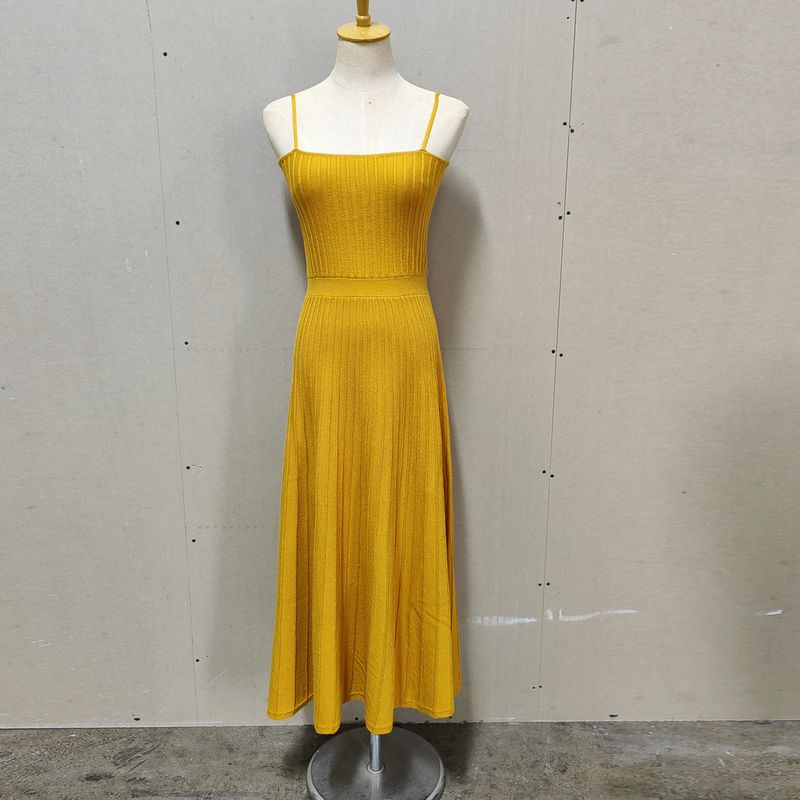 Pleated Long Skirt Summer Women clothes Slim fit High Waist Sling Knitted dress Vacation Pleated Long dress