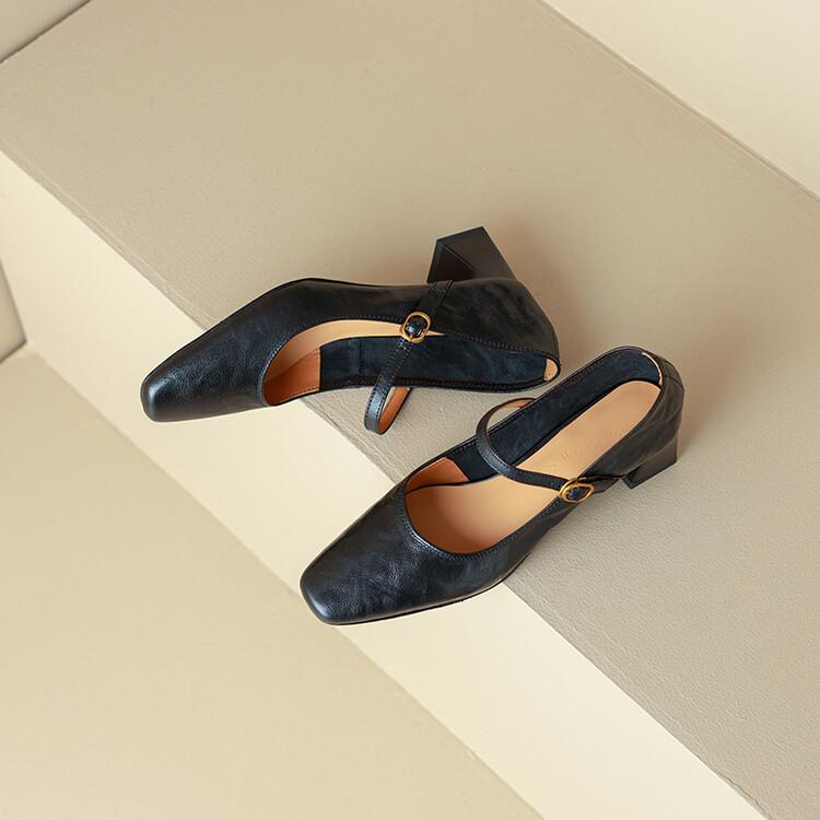 

Fashion French Retro Square Head with A Line High Heels New Chunky Kitten Mary Jane Women s Shoes 35