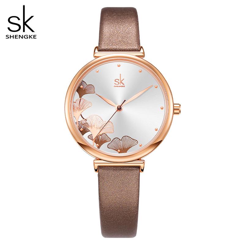 SK Women s Ginkgo Leaf Pattern Quartz Watch with Steel Mesh Strap, Fashionable Small Wristwatch for Women, Model 0139.