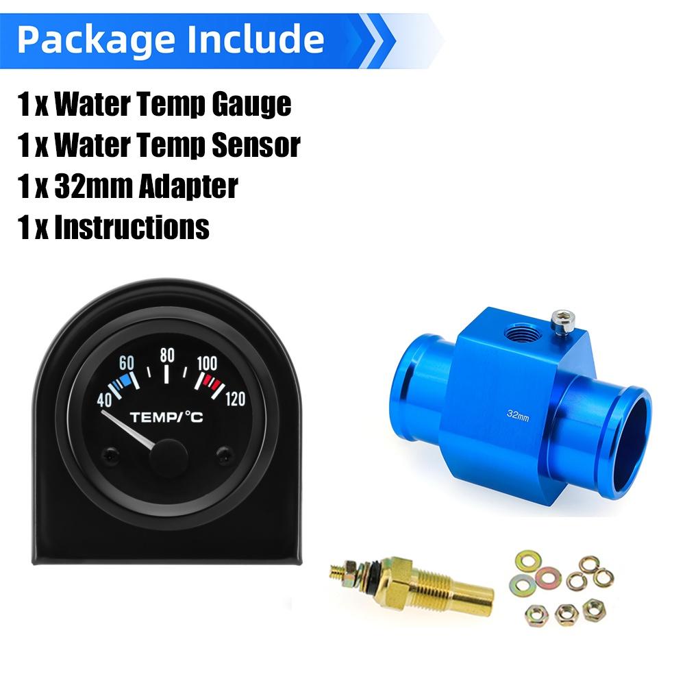 52mm Water Temperature Gauge 40-120 Celsius Water Temp Sensor Joint Pipe Sensor 26/28/32/34/36/38/40mm Hose Adapter For 12V Car