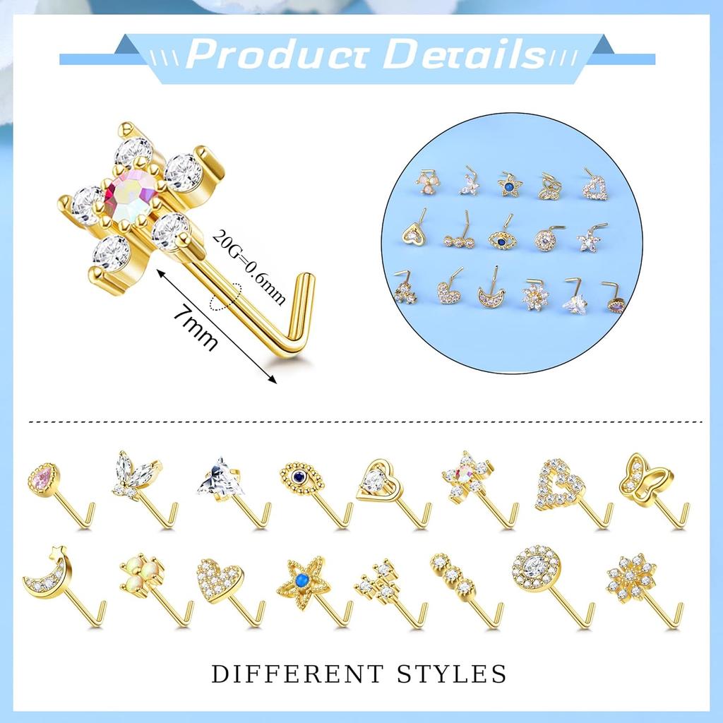 Bobisty 20G Surgical Steel Nose Studs L Shaped Opal CZ Heart Butterfly Elegant Piercing Jewelry for Women