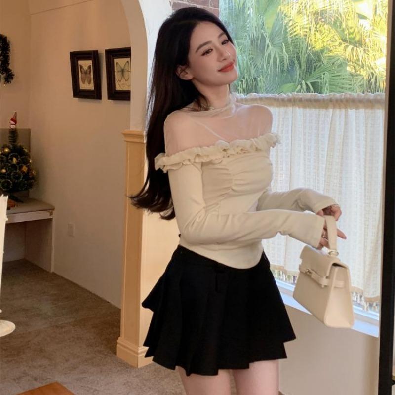 2KWEIRD Coquette Beige Crop T-shirts Women Y2k Fairycore Ruffles Mesh Patchwork Long Sleeve Tops Korean Style Slim Corset Tees