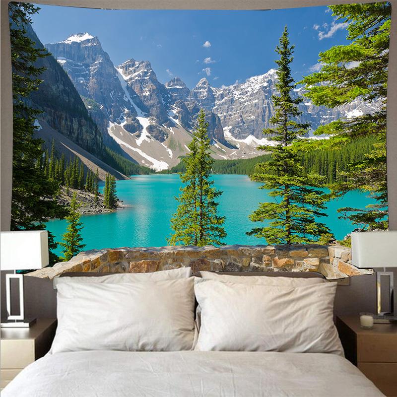 Mountain Forest Lake Tapestry Cheap Natural Scenery Wall Hanging Art Thin Polyester Hanging Cloth Ceiling Blanket Home Decor