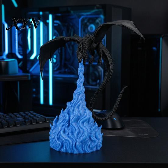 Desktop Decoration for Men 3D Printed Fire-Breathing Dragon Statue, Mystical Figurine with Flame Handcrafted Model Base, Fantasy Decor Ornament