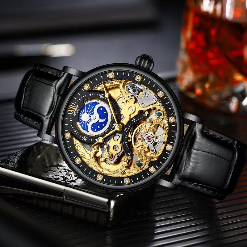 Kinyued Factory Luxury Brand J055 Men Mechanical Watches Big Dial Genuine Leather Wristwatch for Men