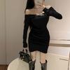 Slim-Fit Sexy Dress Women'S Spring And Autumn New One-Word Shoulder Thin Long-Sleeved Design Hip-Wrapped Short Skirt