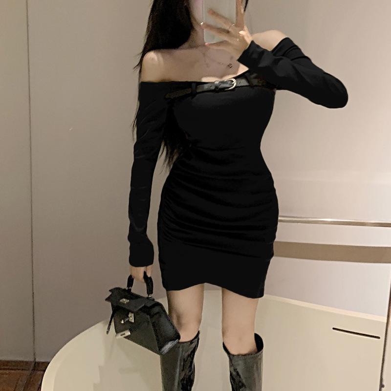 Slim-Fit Sexy Dress Women'S Spring And Autumn New One-Word Shoulder Thin Long-Sleeved Design Hip-Wrapped Short Skirt