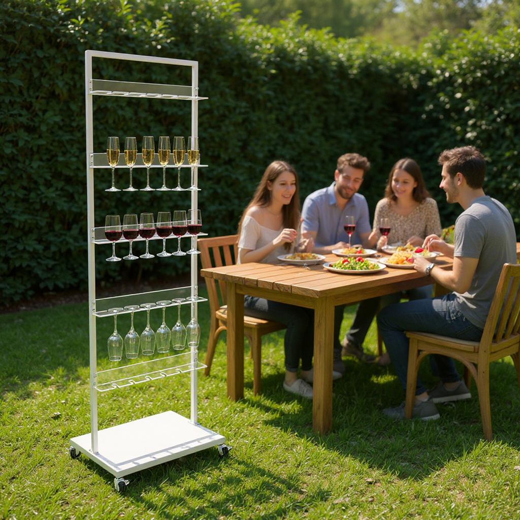 5-Tier Acrylic Champagne Tower, 30-Cup Stemware Display Rack with Wheels, White Champagne Glass Organizer, Bar Storage Shelf