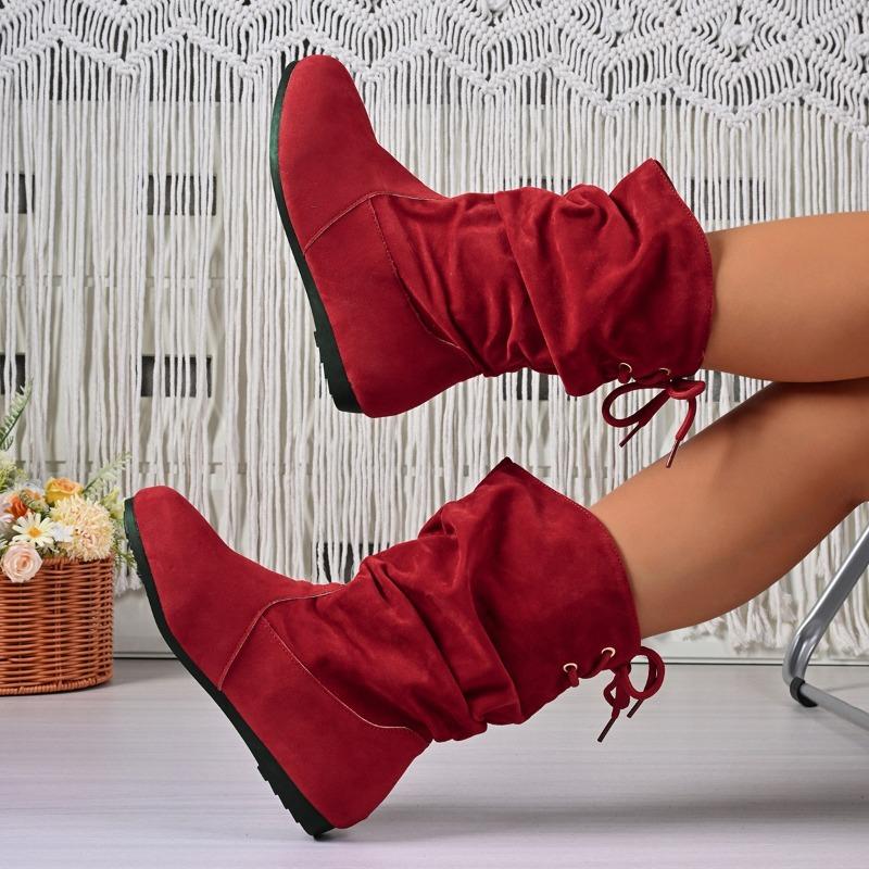 

Fall/Winter New Fashion Retro Versatile Heightened Suede Western Skinny Pleated Plus Fleece Pile Booties Comfortable Soft Sole Non slip Design Fashion 37