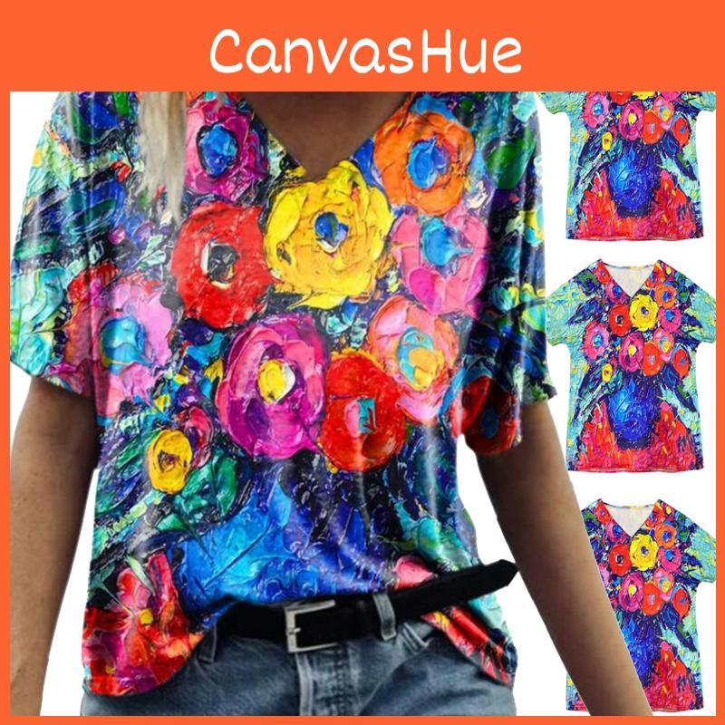 Summer Casual T Shirt With Floral Print And V Neck For Women