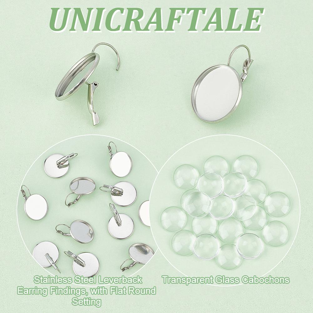 20Pcs 304 Stainless Steel Leverback Earring Findings with Flat Round Setting with 20Pcs Transparent Glass Cabochons Stainless Steel Color Tray: 20mm