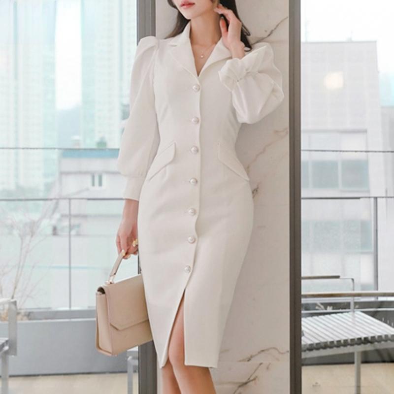 

Женские элегантные платья с лацканами 9/10 и завязками на пуговицах и закрытым карманом на талии и бедрах