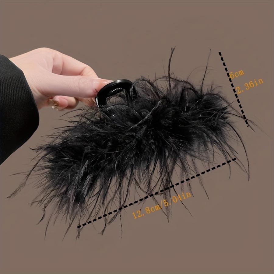 black large ostrich feather hair claw, elegant luxurious plush accessory for women, holds thick hair securely, suitable for daily & special occasions.