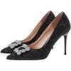 Frühling neue Pailletten sexy dünner Absatz Strass quadratische Schnalle Dinner Einzelne Schuhe Damen spitze Zehenpartie leichter Ausschnitt schwarz hohe Absätze