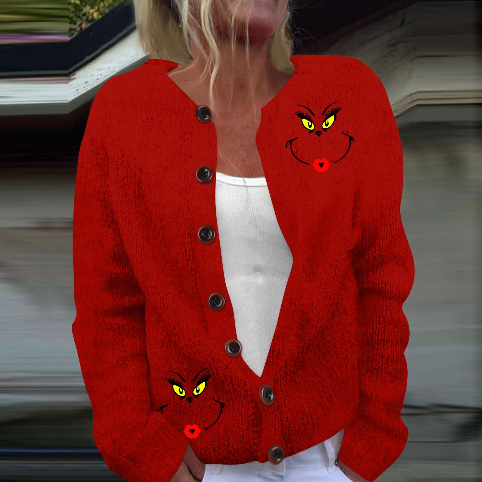 Women s Fashion Christmas Printed Long Sleeve Knitted Cardigan Button Down Jacket M
