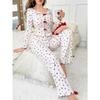 Women Heart Print Lapel Collar Long Sleeve Long Pants Two Piece Pajama Home Wear Set