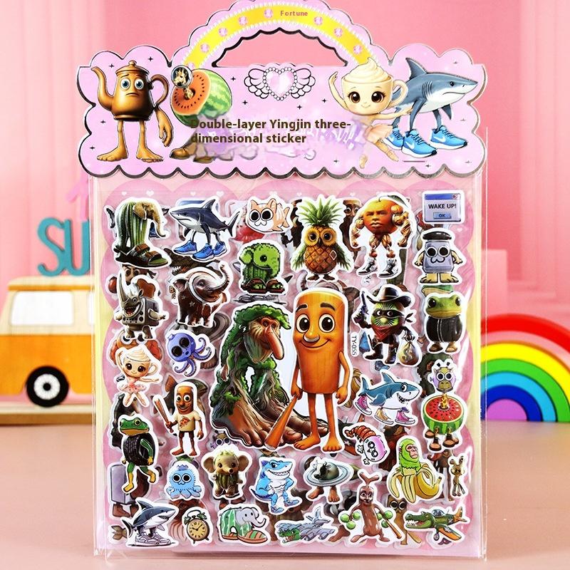 1 Sheet Diy Bike Laptop Tung Tung Tung Sahur Double Layered 3D Decals Italian Brainrot Animals Bubble Stickers For Kids Gift