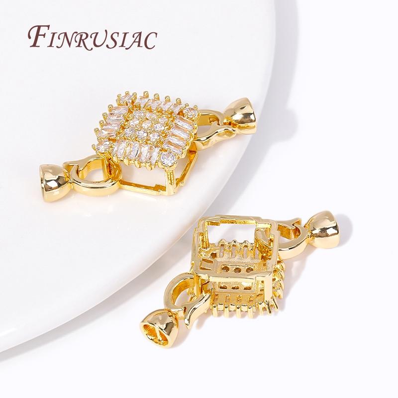 18K Gold Plated Inlay Zircon Square Connector Lock For Pearl Necklace Making,High Quality Beads End Cap Clasp Fastener