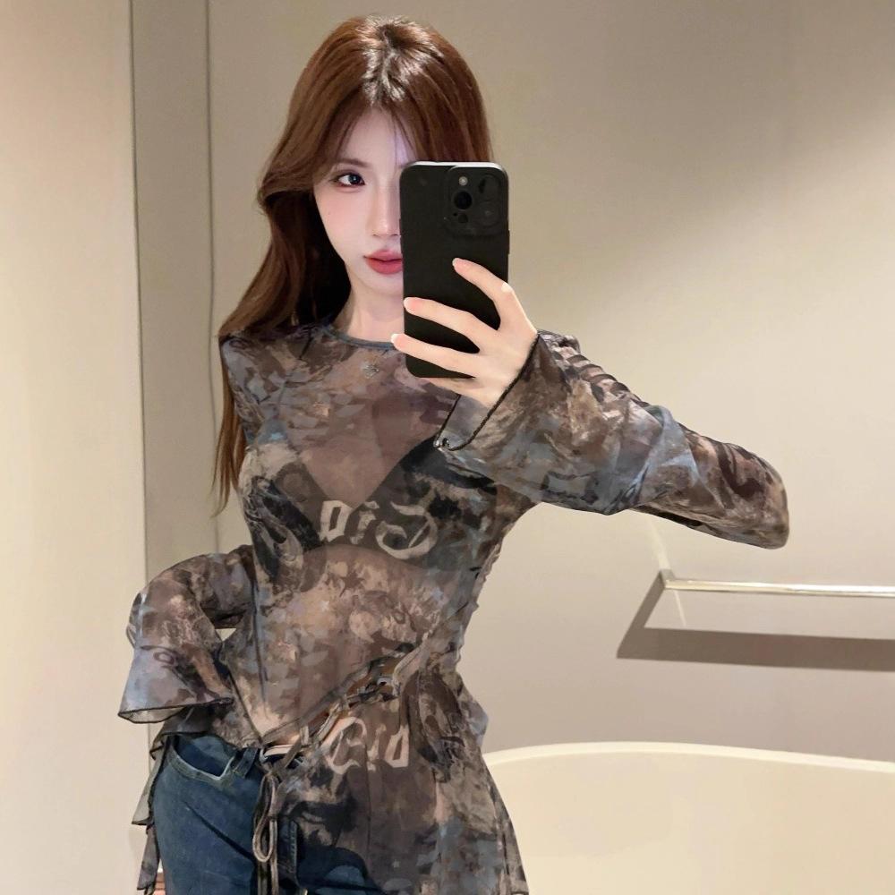 Summer thin retro breathable mesh sunscreen T-shirt women's split straps design sense niche spice girl long-sleeved top