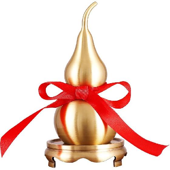 Feng Shui Decor Statue,Wu Lou Brass Gourd,with Red Luck Strip for Ideal Home Decoration,Collectible Figure Charm Amulet,6.36inch Tall,Full Brass,Hu