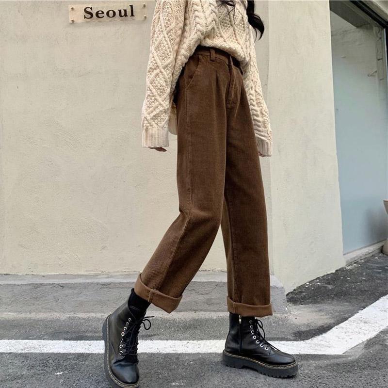 Pantaloni di velluto a coste vintage Pantaloni dritti a vita alta con tasche causali Tutti abbinati a pantaloni coreani femminili