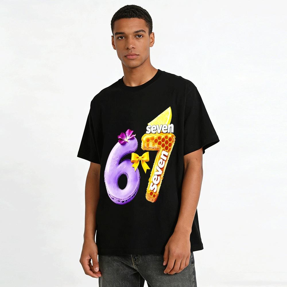 Macaron Number 67 Creative Print Casual Top Pure Cotton T-shirt