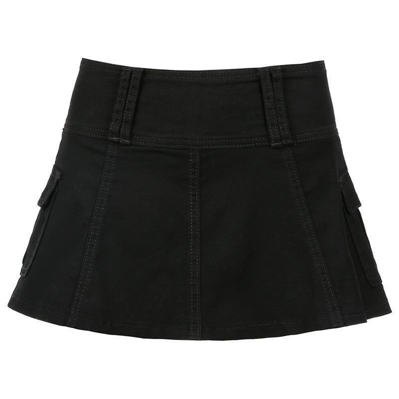 Goth Micro Skirts Low Rise Black Pocket Patchwork Skirt Aesthetic Outfit Vintage Harajuku Streetwear Style