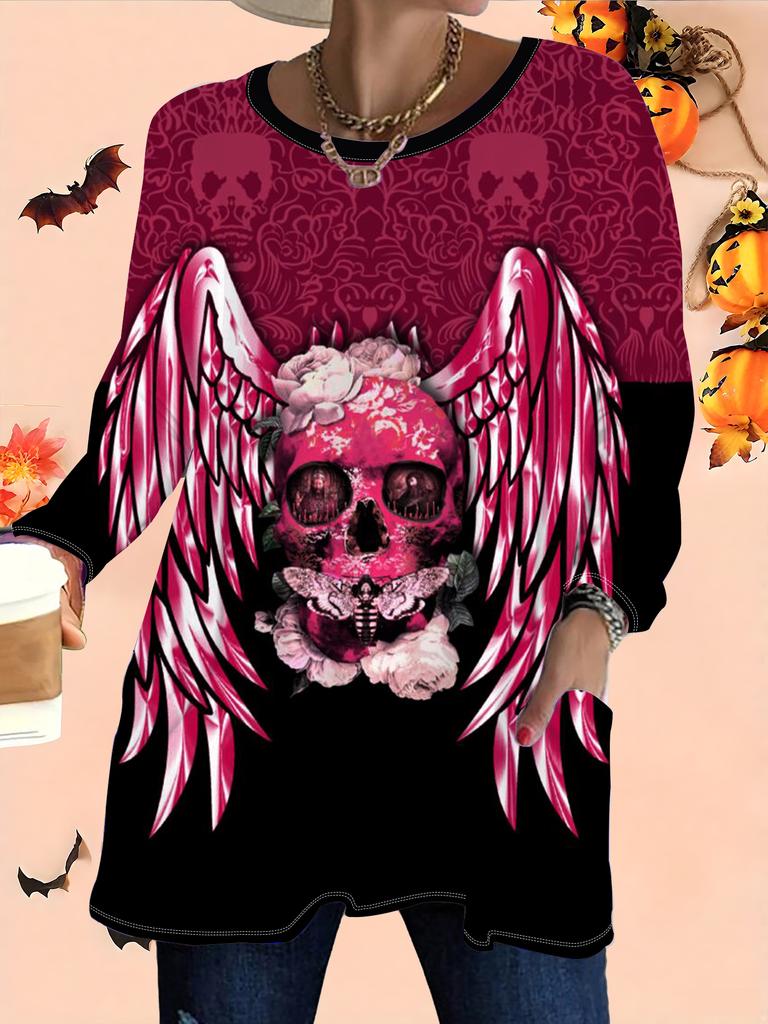 2025 Autumn Winter New Plus Size Women's Tops, Halloween 3D Print Fashion Crew Neck Long Sleeve T-Shirts