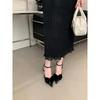 New sandals women's black pointed head bow high heels bag head with buckle stiletto elegant single shoes