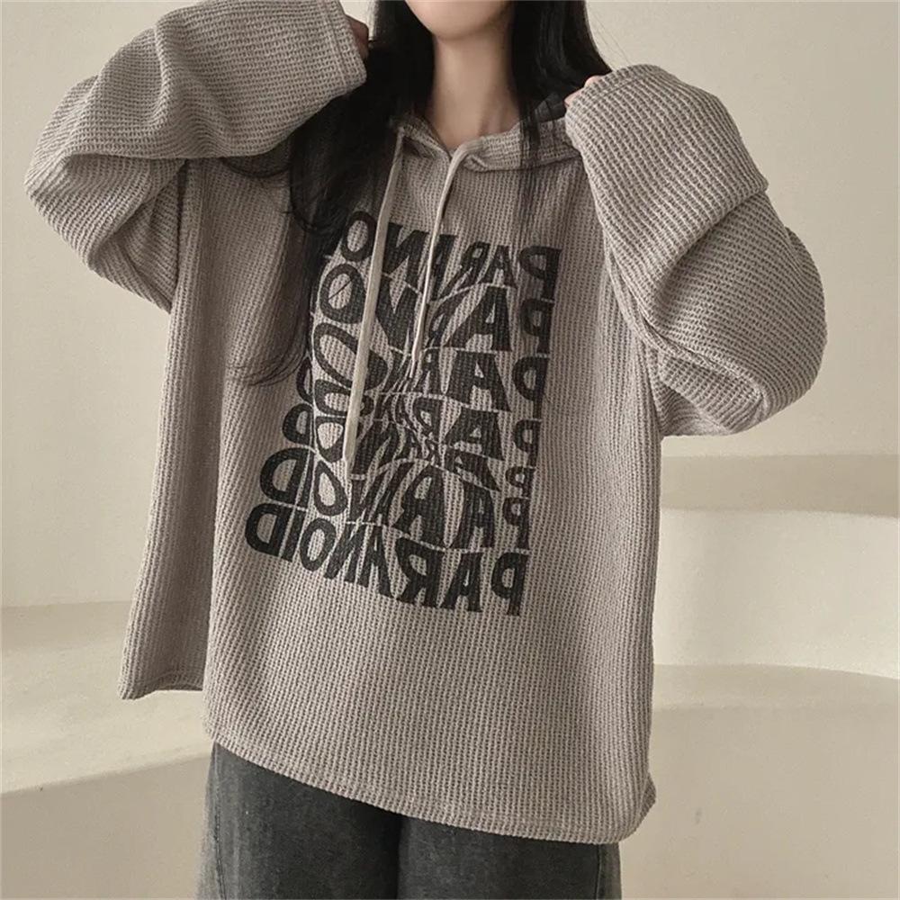Women's Korean Style Waffle Hoodie - Casual Loose Fit, Autumn/Winter, Plus Velvet