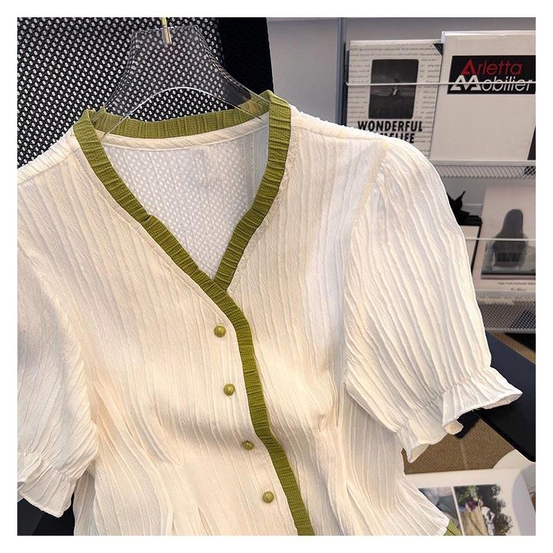 Women's Stylish Ruffle Contrast Color Design Button Up Shirt Elegant V Neck Sweet Chic Blouse Summer Female Casual Loose Tops