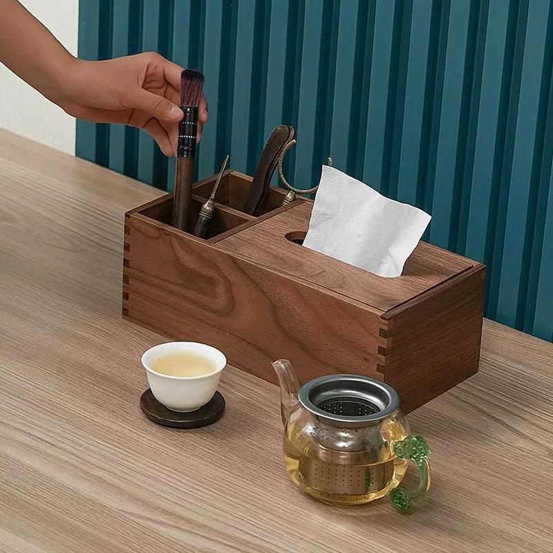 Black Walnut Multifunctional Tissue Box, Living Room Solid Wood Desktop Storage Supplies, Remote Control Storage Tissue Holder
