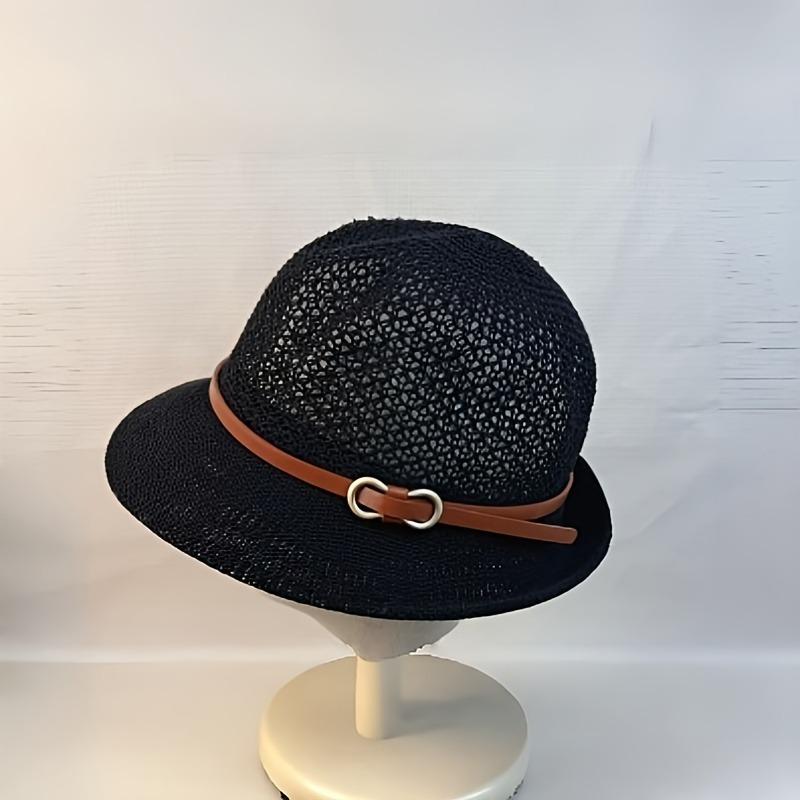 

Elegant Women S Belt-Decorated Straw Hat - Breathable Hollow Sun Hat,A Fashionable Accessory for Summer | Stylish Outdoor Travel чёрный