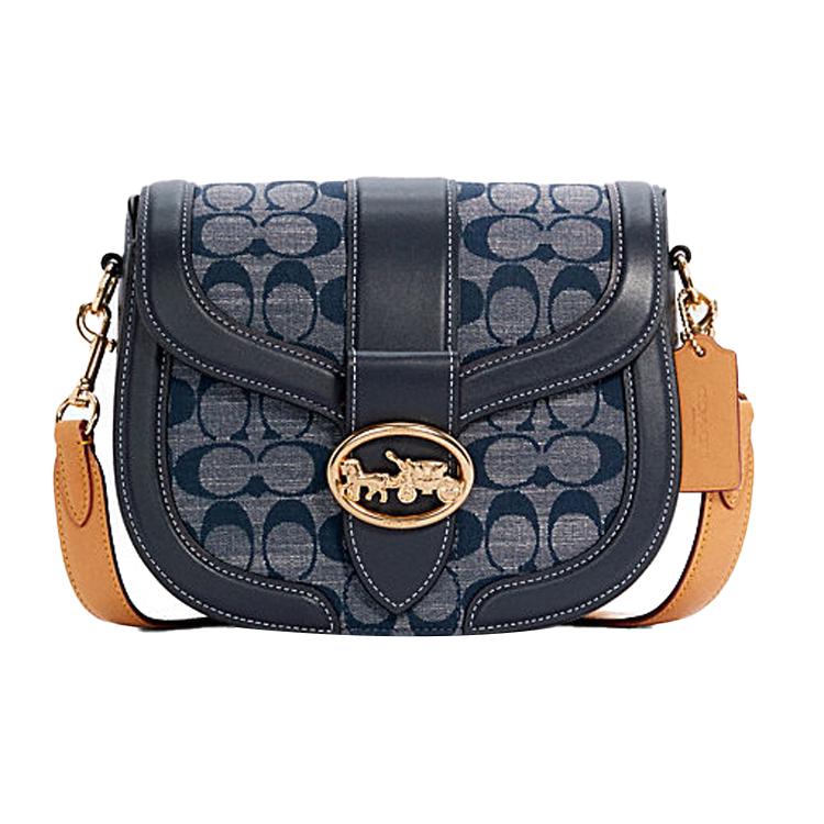 

New COACH Georgie Linen With Calfskin Saddle Bag, Crossbody Bag, Shoulder Bag Trumpets Women s Denim Blue C4066-IMDEI 21.1*6.6*17.5CM