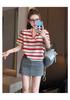 Striped Shoulder Versatile Casual Knitted Short-Sleeved T-Shirt for Women