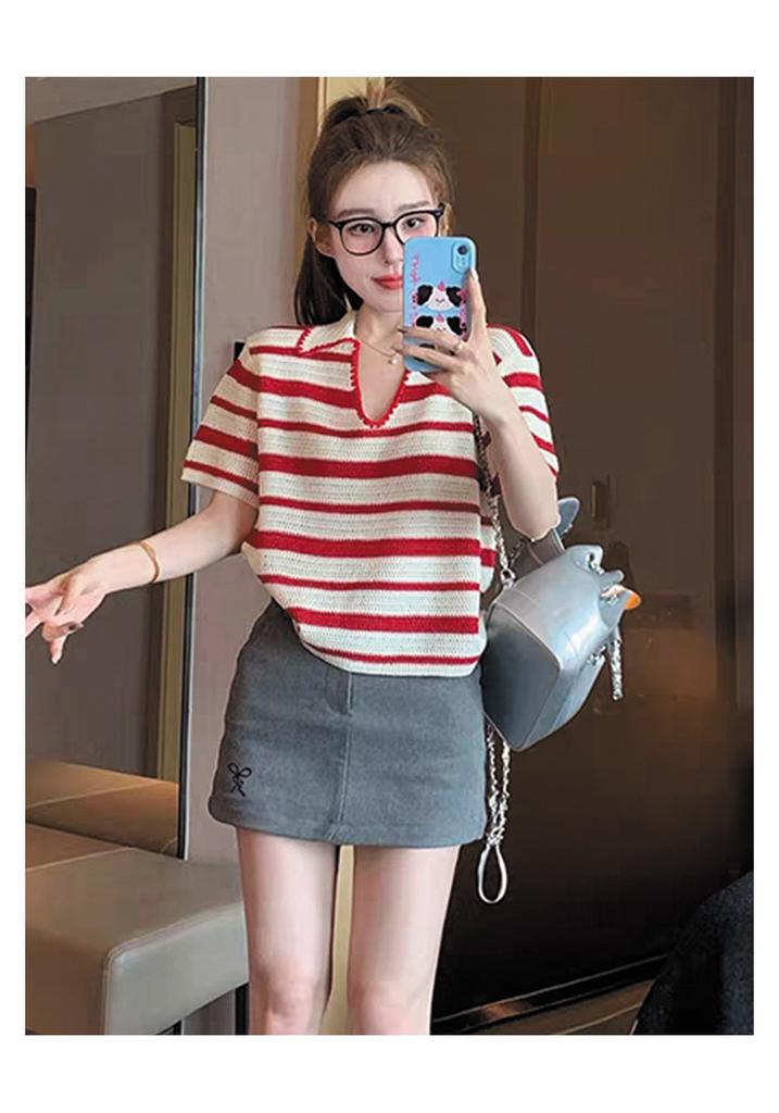 Striped Shoulder Versatile Casual Knitted Short-Sleeved T-Shirt for Women