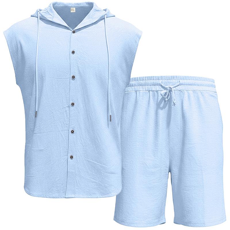 Men Shirt Shorts Two-piece Suit Hooded Sleeveless Shirt Adjustable Elastic Shorts Set Hiking Workout Summer Casual Outfit