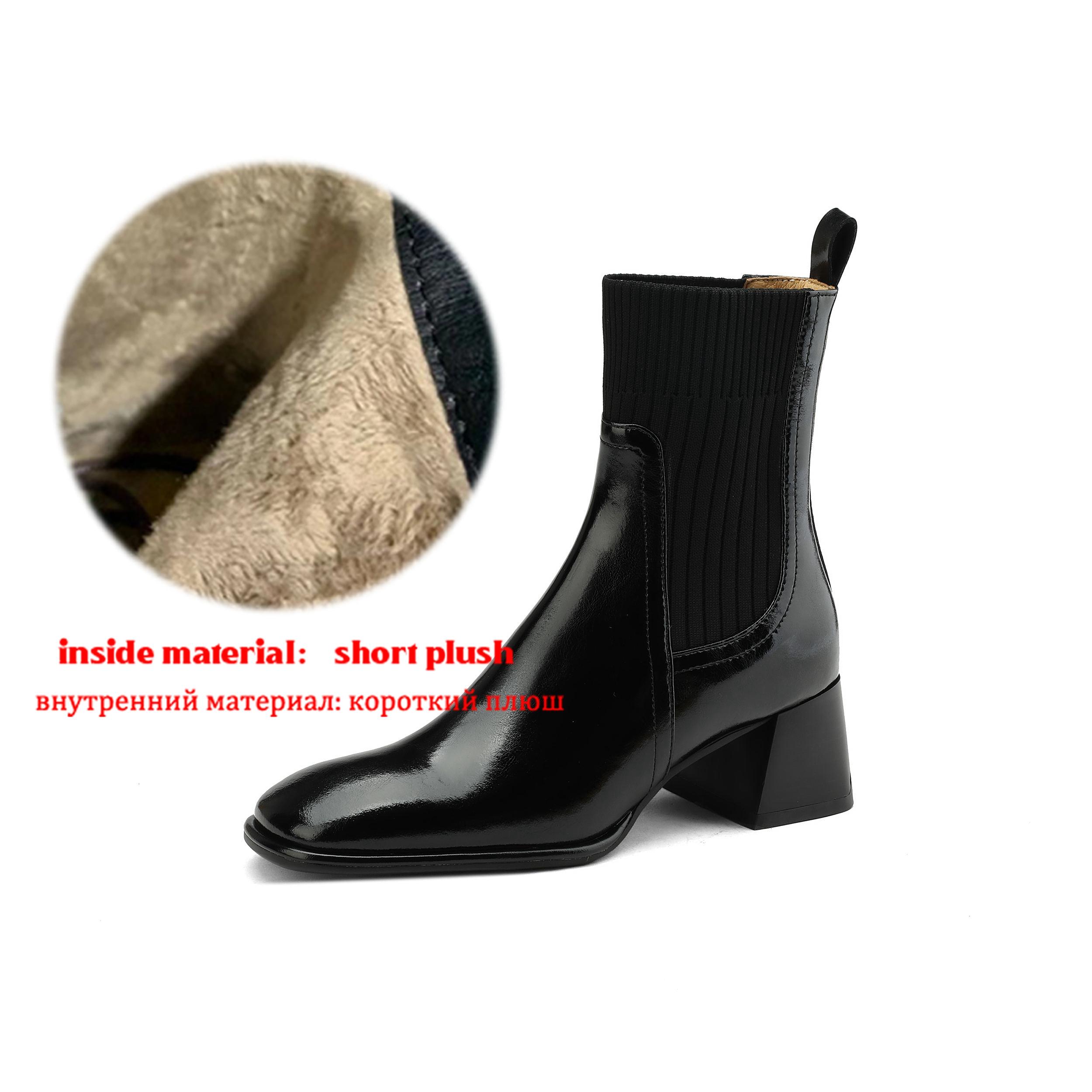 

Krazing Pot Cow Skin Autumn Winter Shoes Thick Med Heels Size 43 Western Boots Slip on Stretch Knitwear Ankle Boots 43