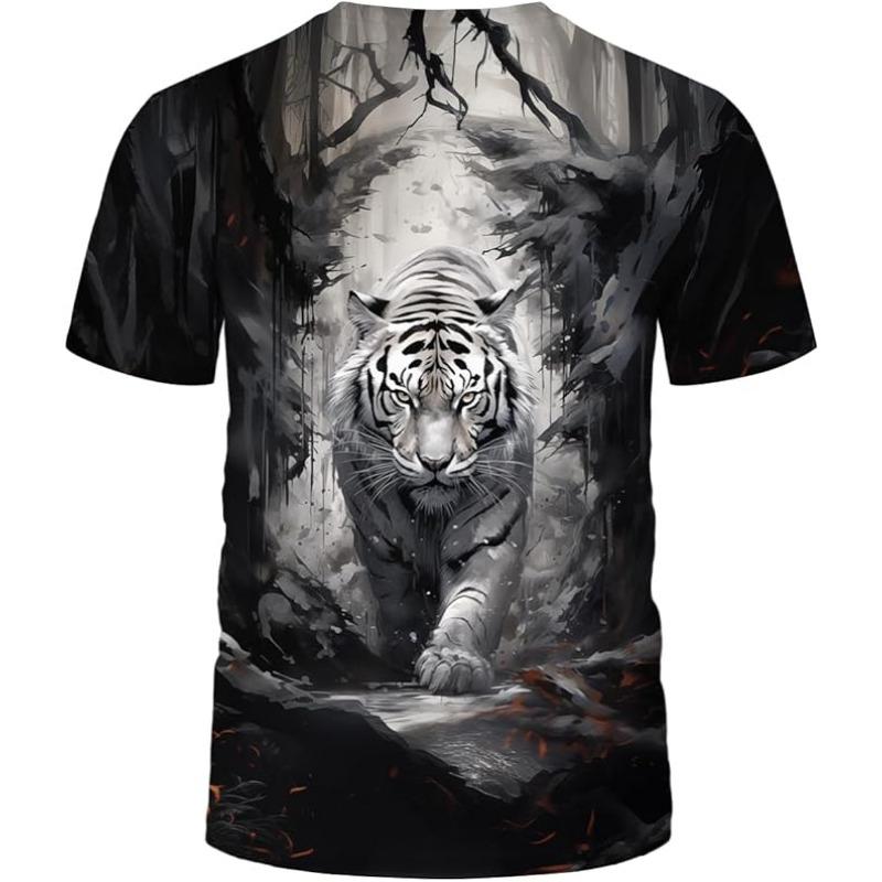 Men's Summer 3D T-shirt Fashionable Casual Loose Pattern Animal Tiger Print Round Neck Short Sleeved T-shirt Top