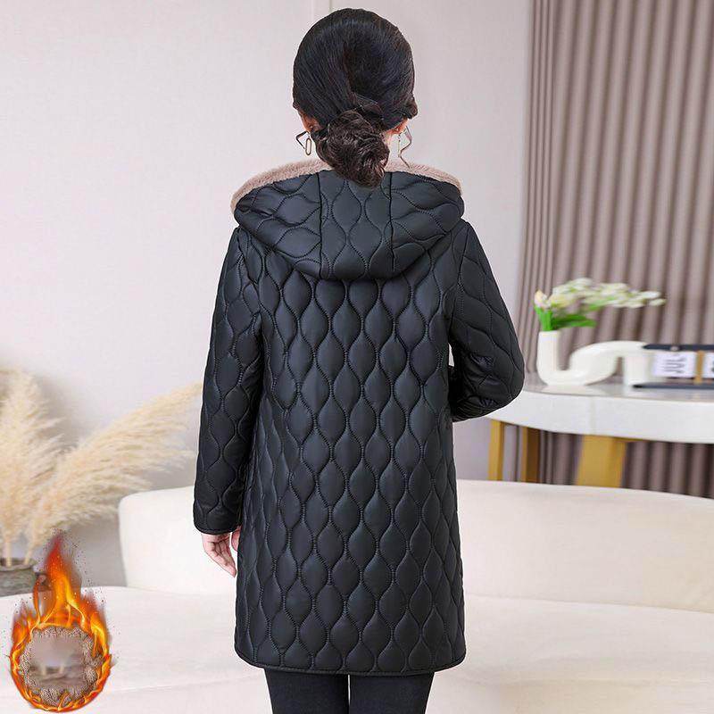 Women Middle-aged Cotton-padded Jacket with Hood and Thickened Velvet for Mid-length
