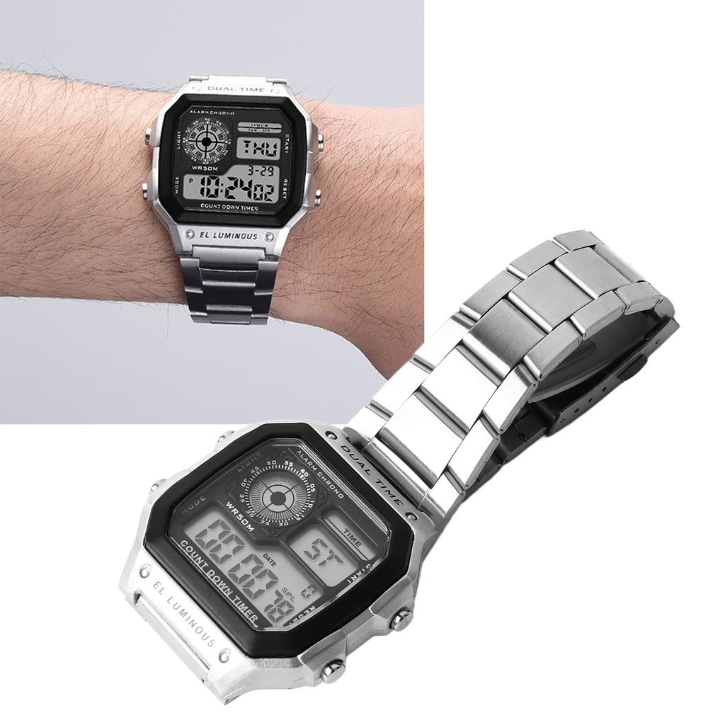 Waterproof Digital Watch Stainless Steel Multi Functional Vintage Luminous Sports Watch Silver