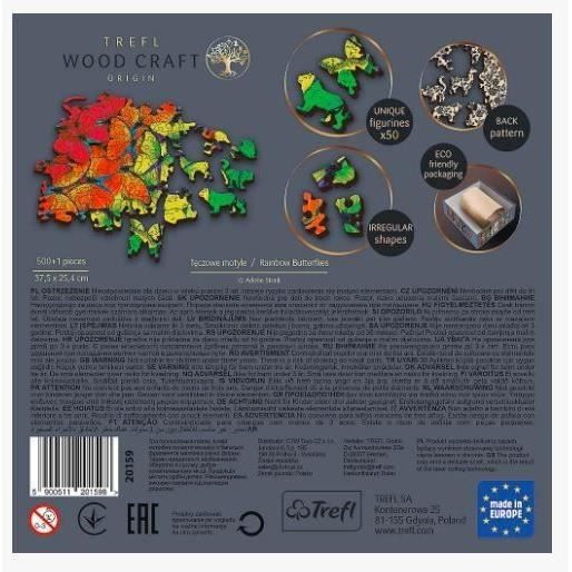 Trefl - Puzzle en Bois, Papillons Arc-en-Ciel - 500+1 Pièces, Artisanat en Bois, Formes Irrégulières, 50 Figures