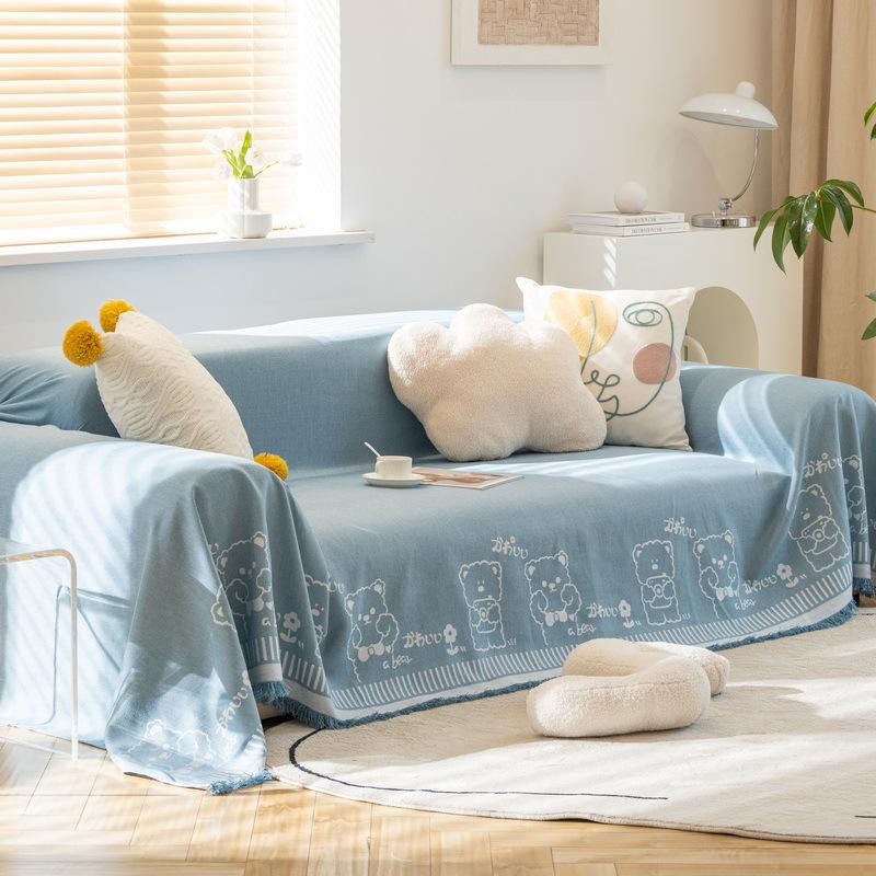 Cotton Linen Sofa Towel Cover Cartoon Bear Rabbit Couch Towel Universal for Seasons Non-slip Couch Dust Proof Decorative Blanket