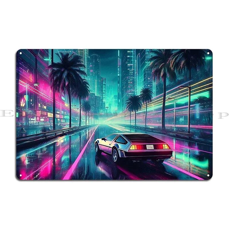 Shoreline Drifter Car Driving Towards Synthwave Sun Through s Miami Metal Plaque Printing Customize Tin Sign Poster