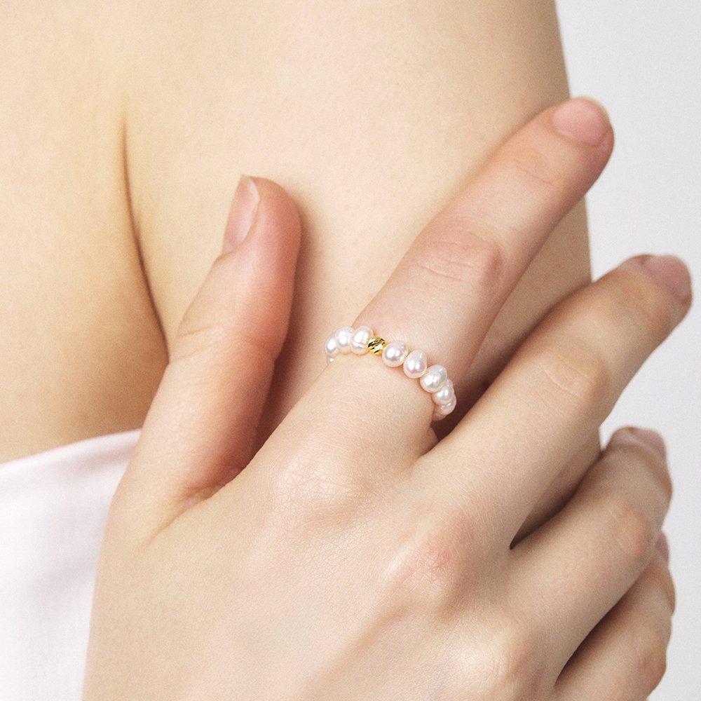 14K Carb Cut Ball Natural Pearl Ring
